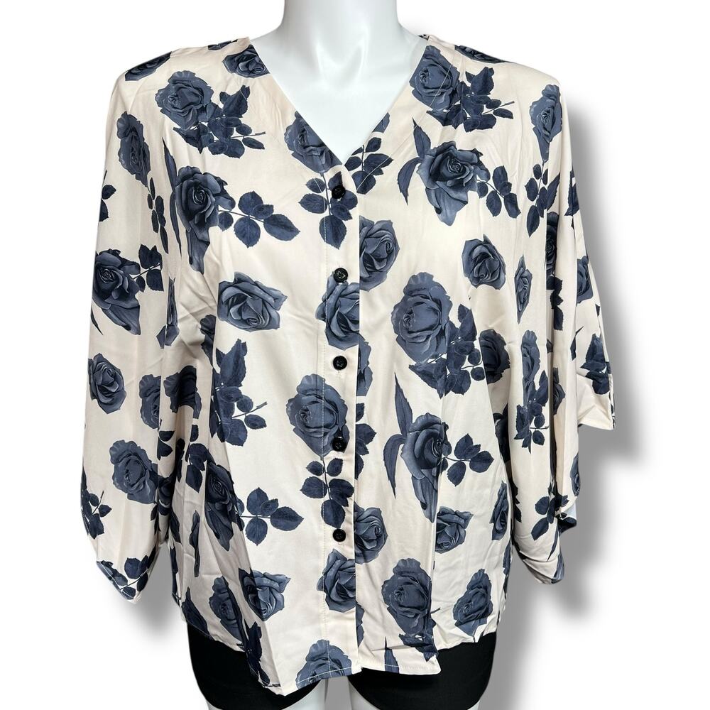 SHEIN Womens Blouse Top Shirt Kimono Sleeve Button Down Floral Print Blue Ivory